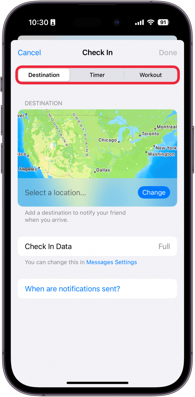 iphone check in settings with destination, timer, and workout tabs circled in red