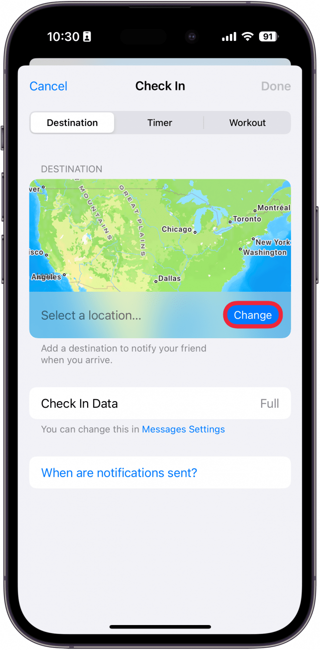 iphone check in destination tab with a red box around change button