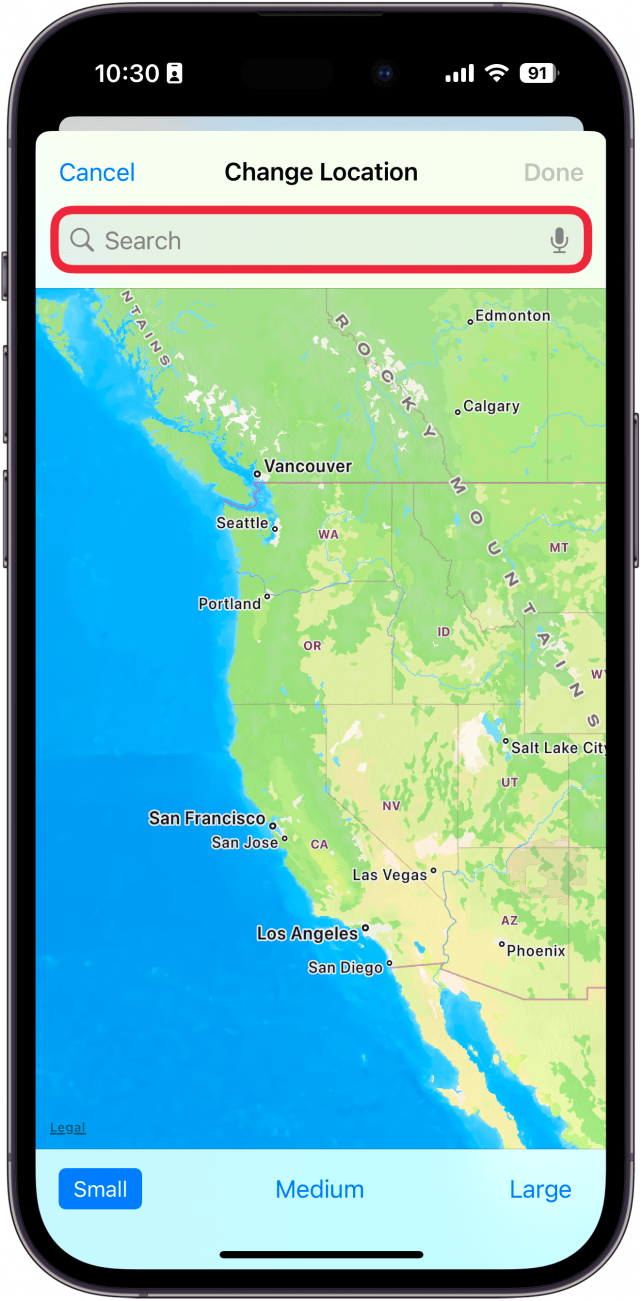 iphone check in destination tab with a red box around search bar