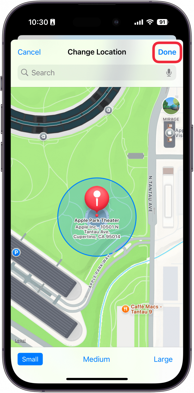 iphone check in location settings with done button circled in red