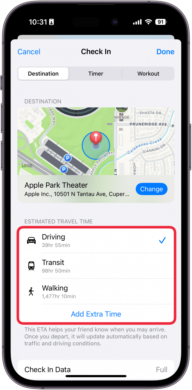 iphone check in when i arrive tab with estimated travel time section circled in red