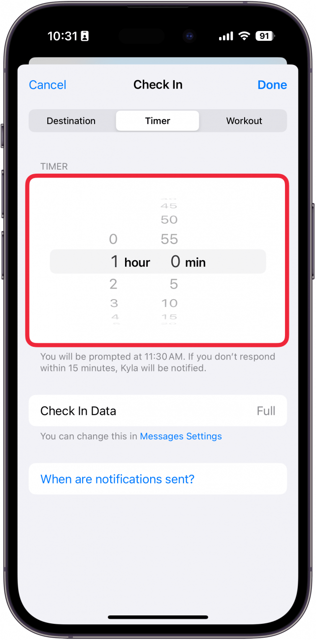 iphone check in after a timer tab with timer settings circled in red