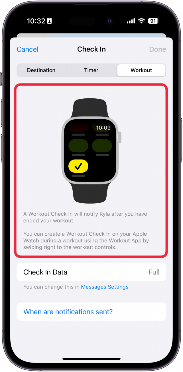 iphone check in workout tab with a red box around instructions for workout check in