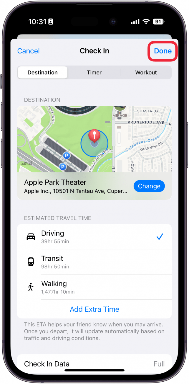 iphone check in destination tab with a red box around done button