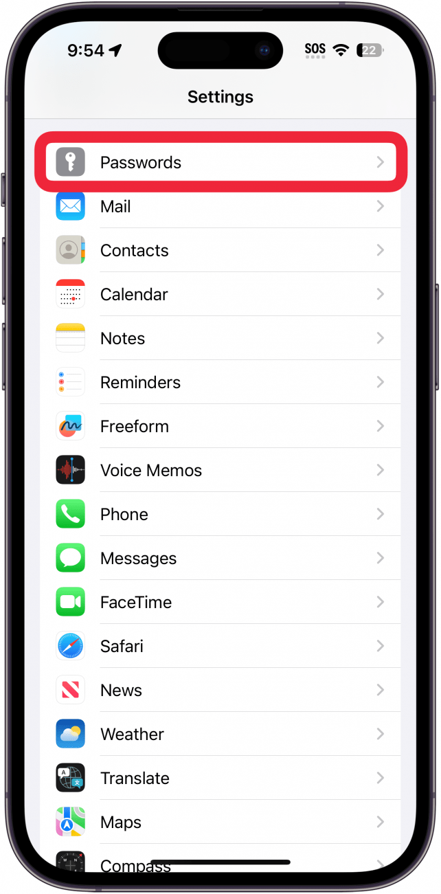 iphone settings with passwords circled in red