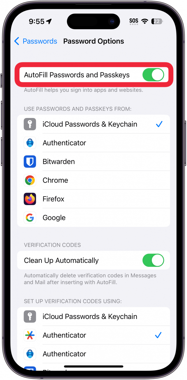 iphone password options with AutoFill Passwords and Passkeys toggle circled in red