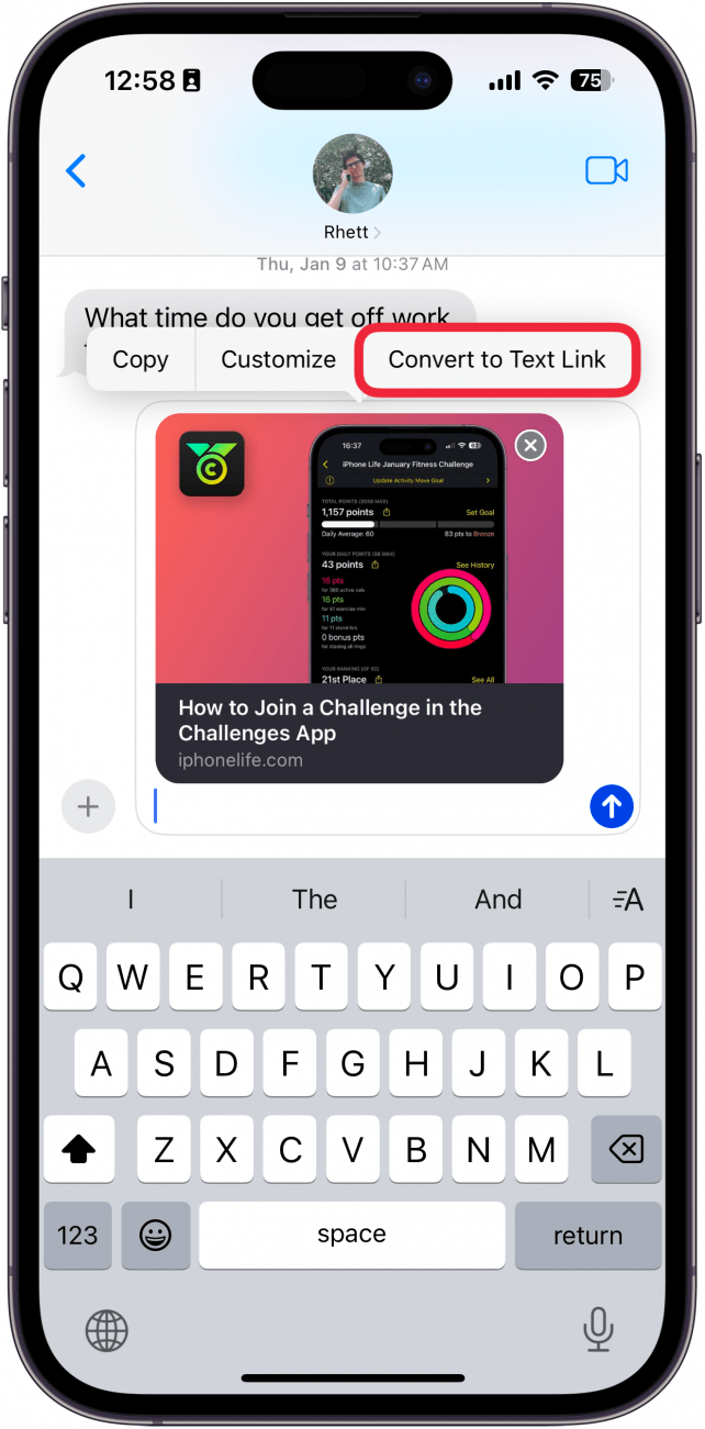 iphone messages app conversation displaying a link preview with a red box around convert to text link option