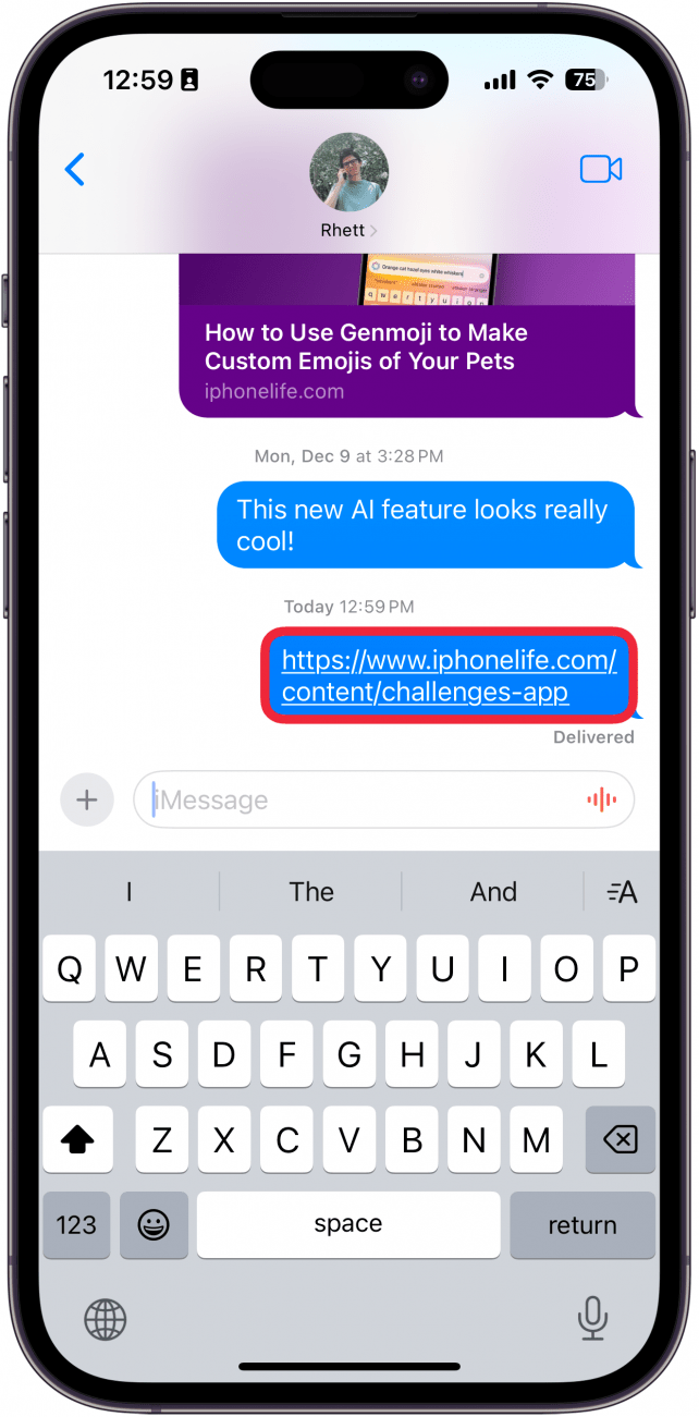 iphone messages app conversation displaying a blue bubble with a clickable url in it and a red box around the bubble