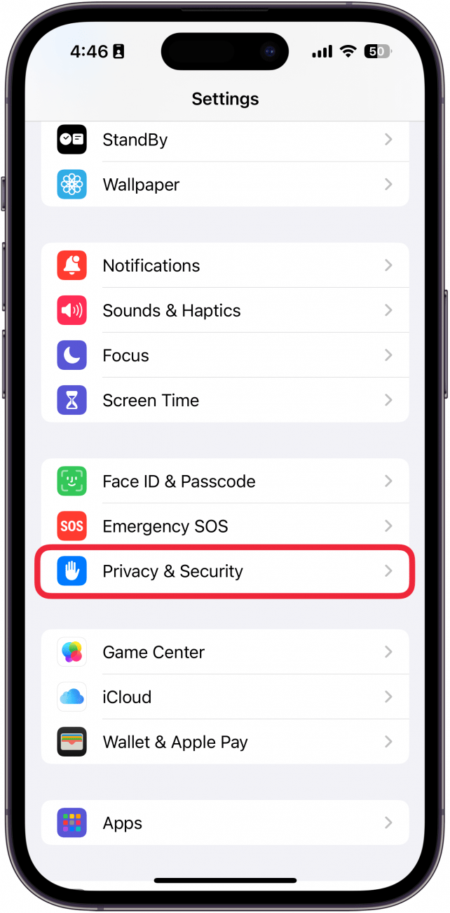 iphone settings app with a red box around privacy and security