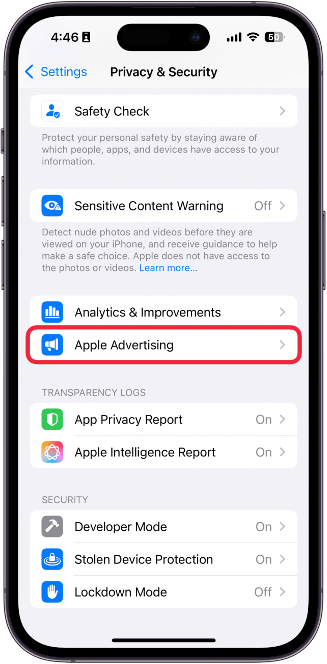 iphone privacy and security settings with a red box around apple advertising
