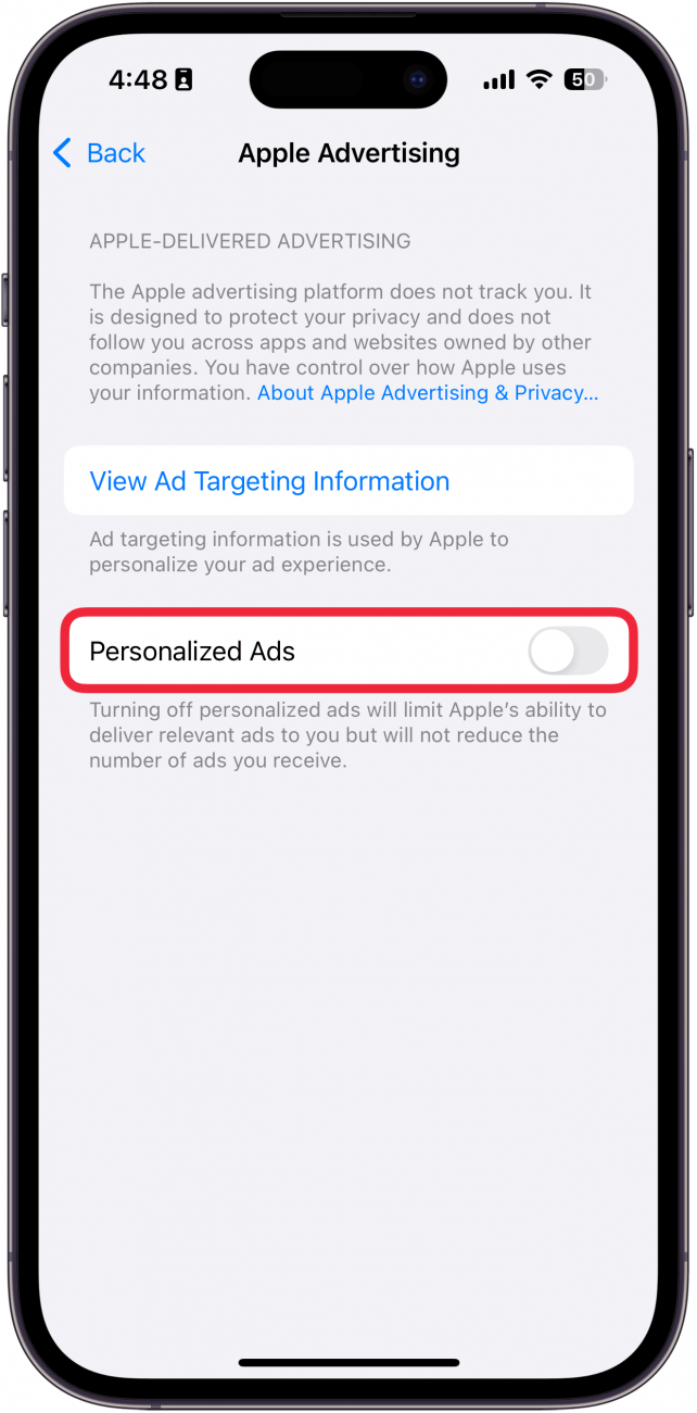 iphone apple advertising settings with a red box around personalized ads
