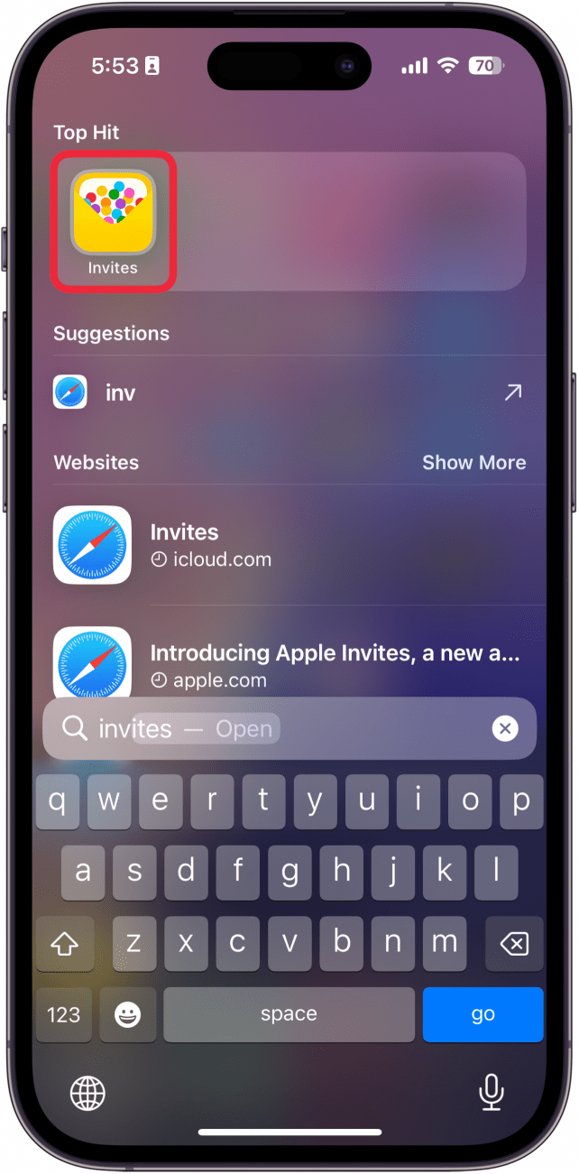 iphone search with a red box around invites app
