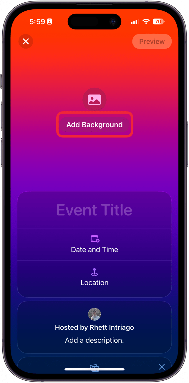 iphone invites app create new invite screen with a red box around add background button