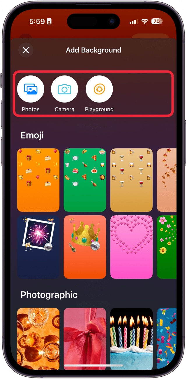 iphone invites app add background screen with a red box around camera, gallery, and generate buttons