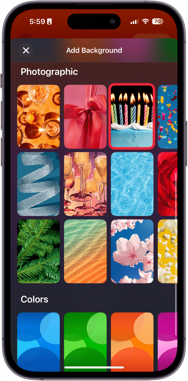 iphone invites app add background screen with a red box a photographic background showing lit candles on the top of a birthday cake