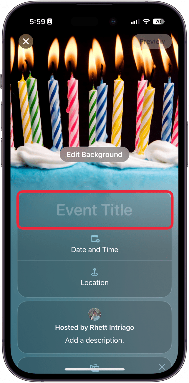 iphone invites app create new invite screen with a red box around event title