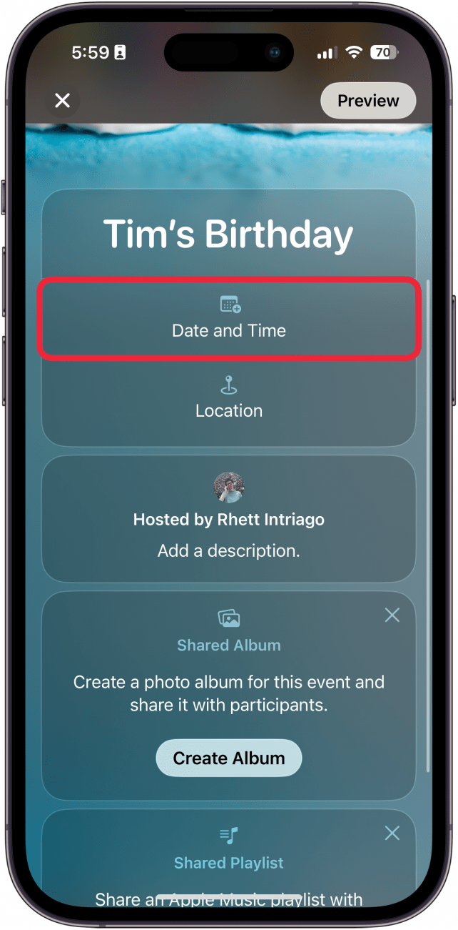 iphone invites app create new invite screen with a red box around date and time