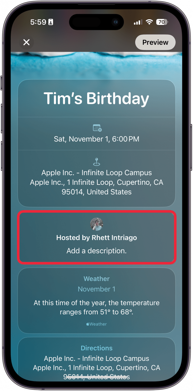 iphone invites app create new invite screen with a red box around add a description