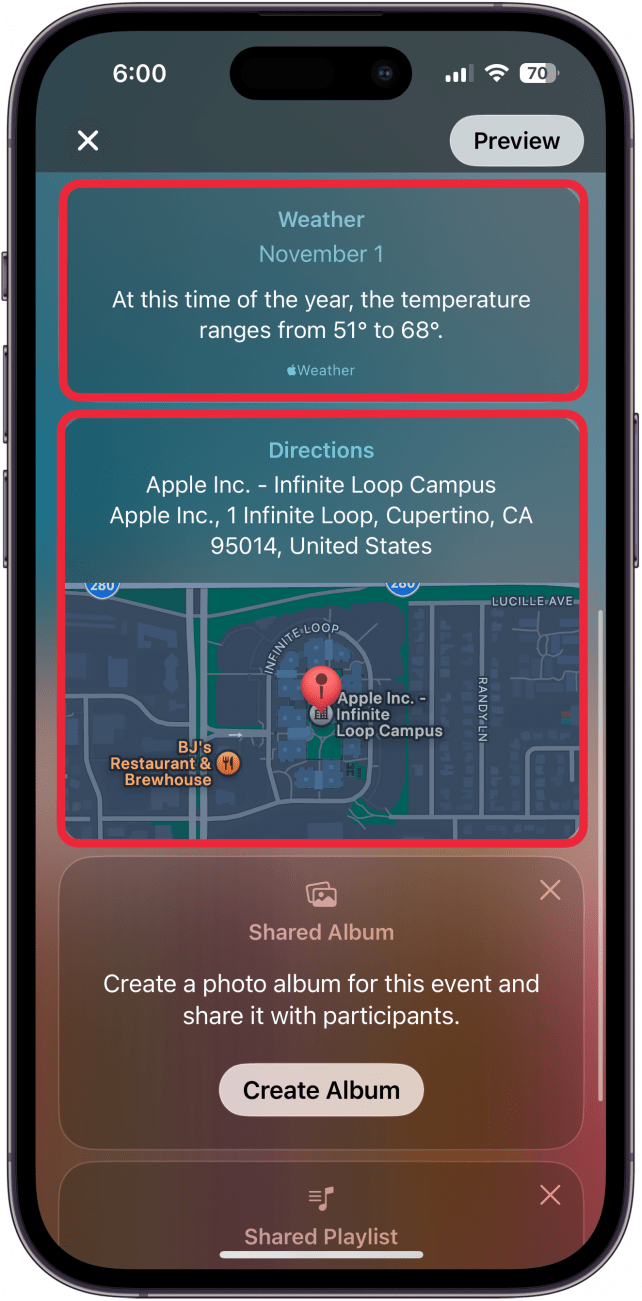 iphone invites app create new invite screen with a red box around weather and directions