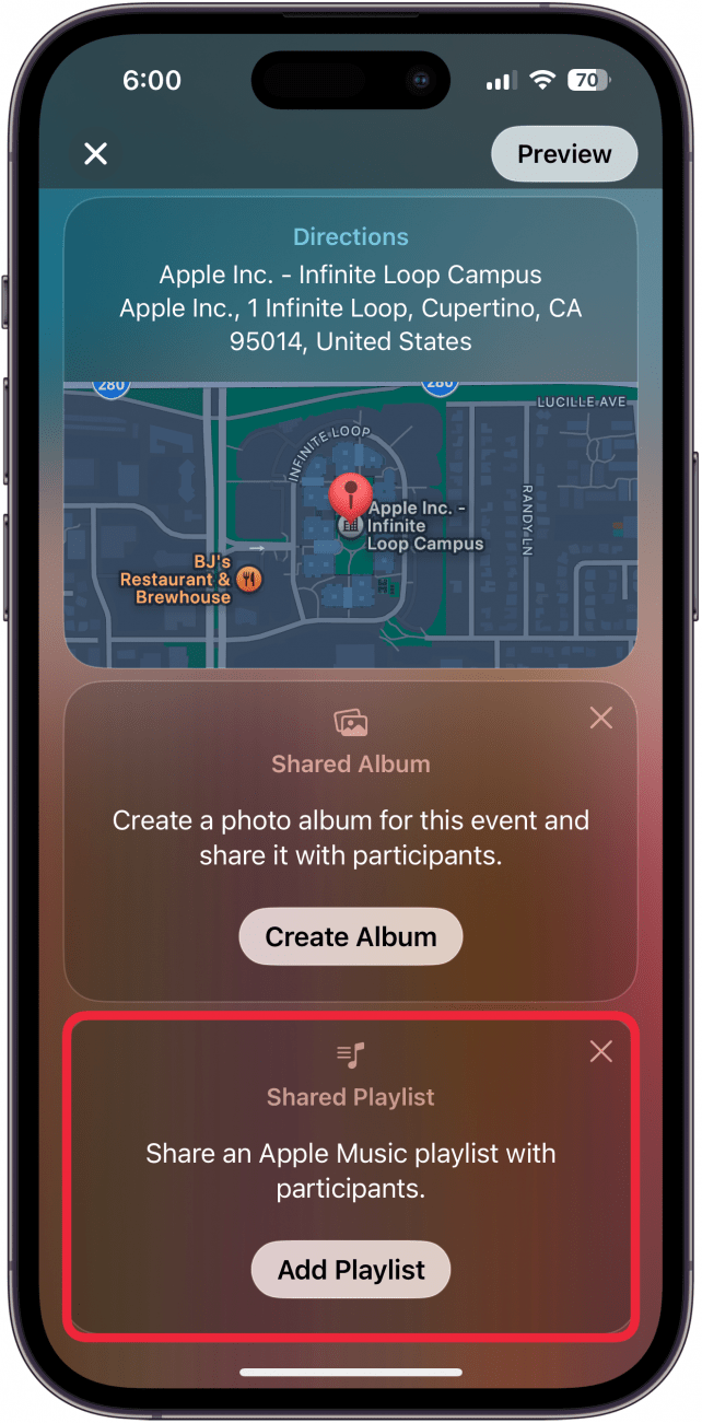 iphone invites app create new invite screen with a red box around shared playlist