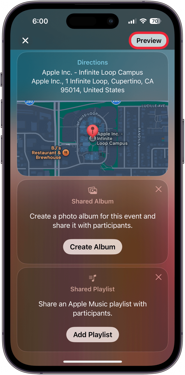 iphone invites app create new invite screen with a red box around preview button