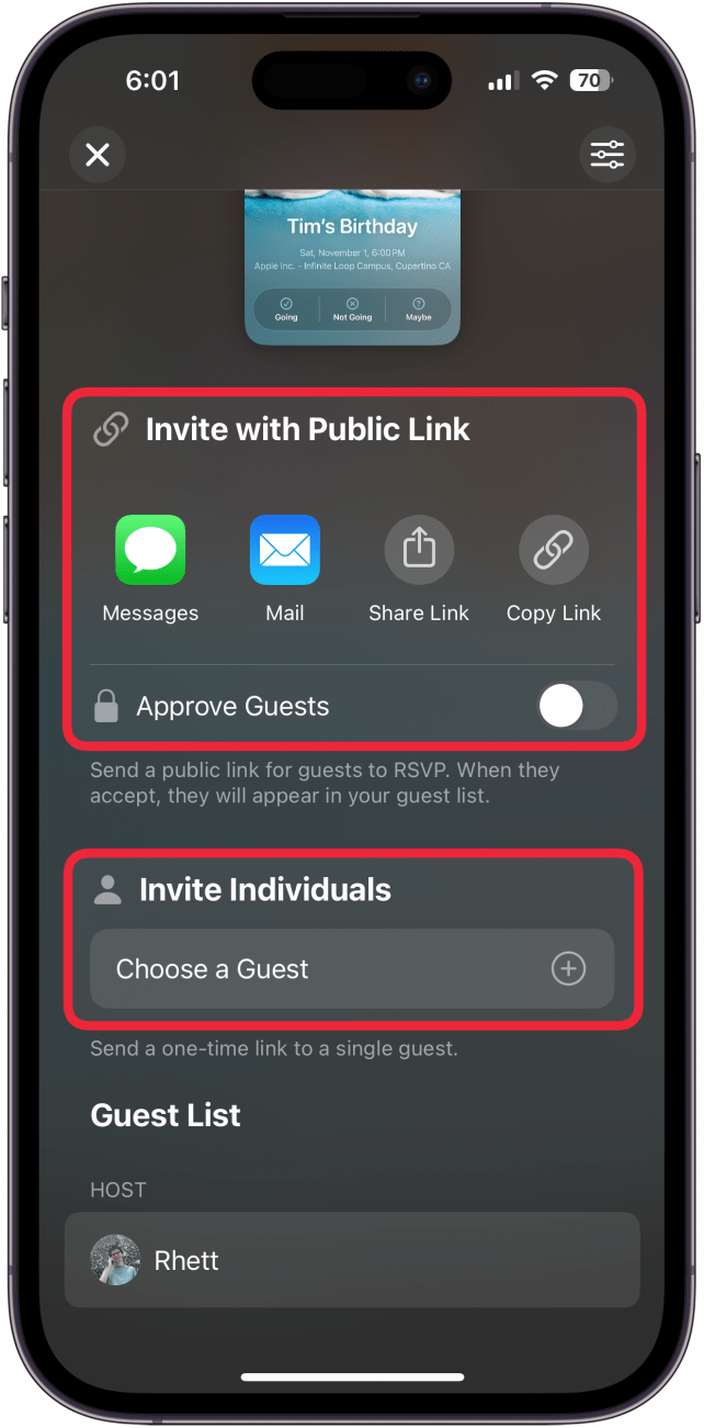 iphone invites app create new invite finalization screen with red boxes around public link and around invite individuals