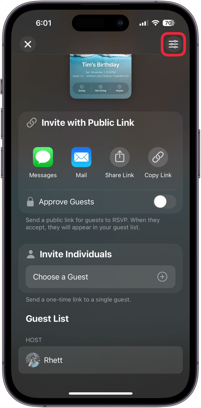iphone invites app create new invite finalization screen with a red box around settings icon