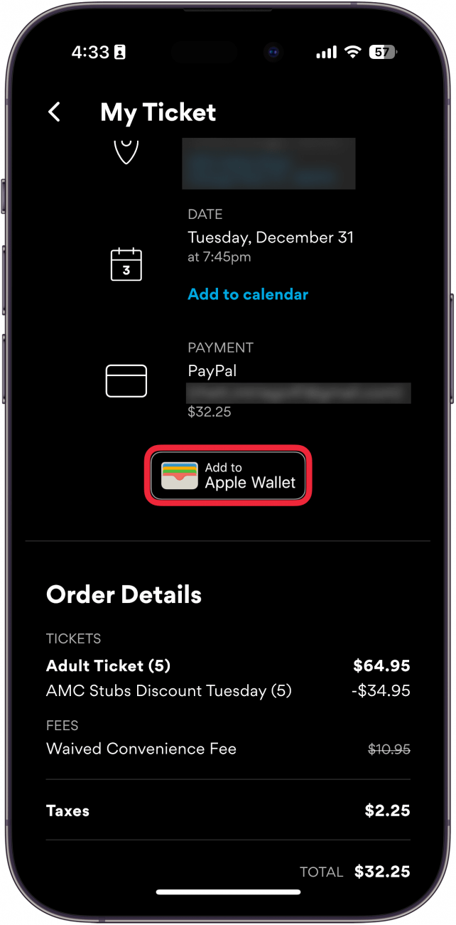 iphone amc theaters app ticket screen with a red box around add to apple wallet button