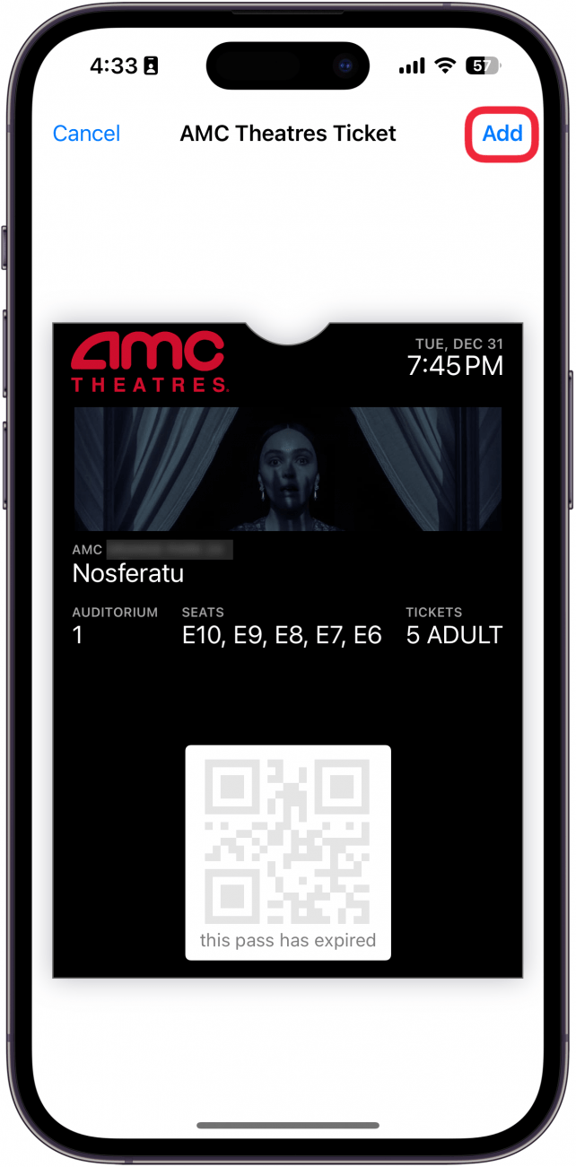 iphone add to apple wallet screen displaying a ticket to the film nosferatu with a red box around add button