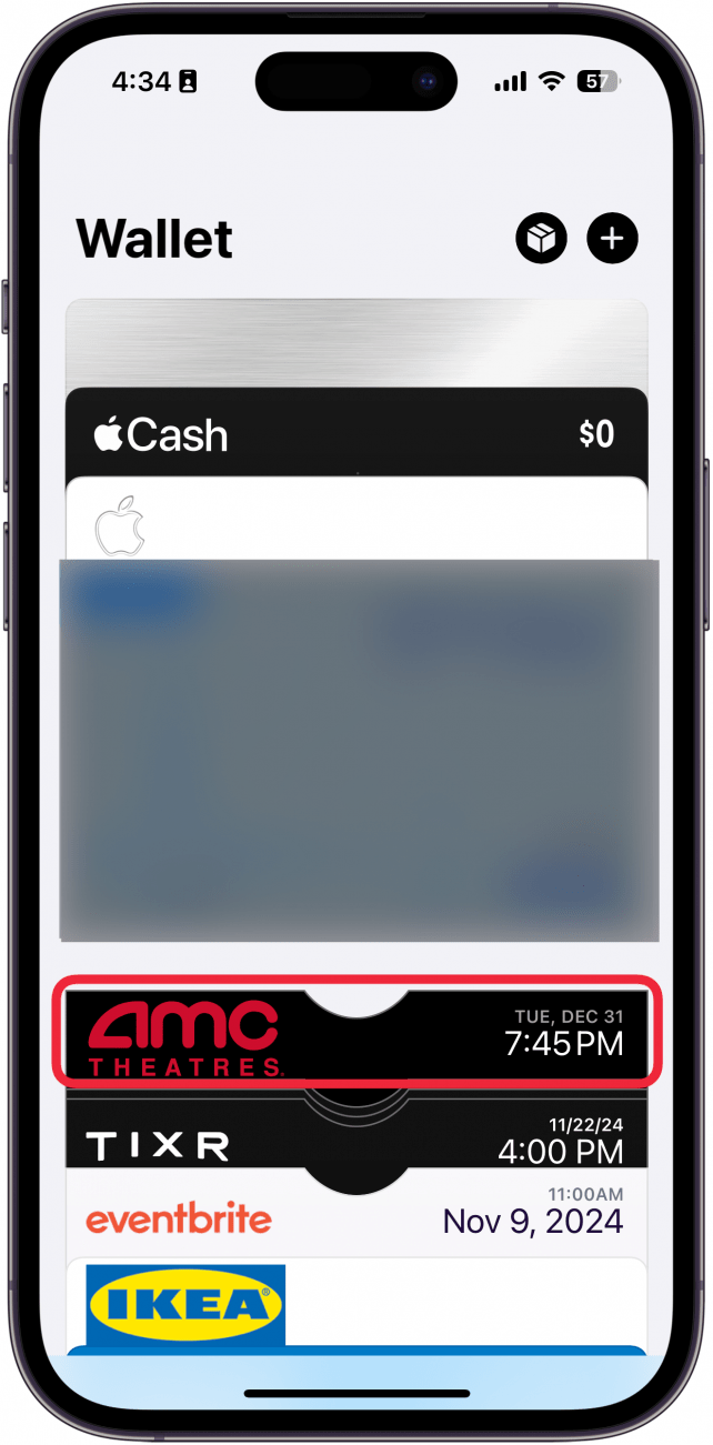 iphone wallet app with a red box around an amc theaters movie ticket