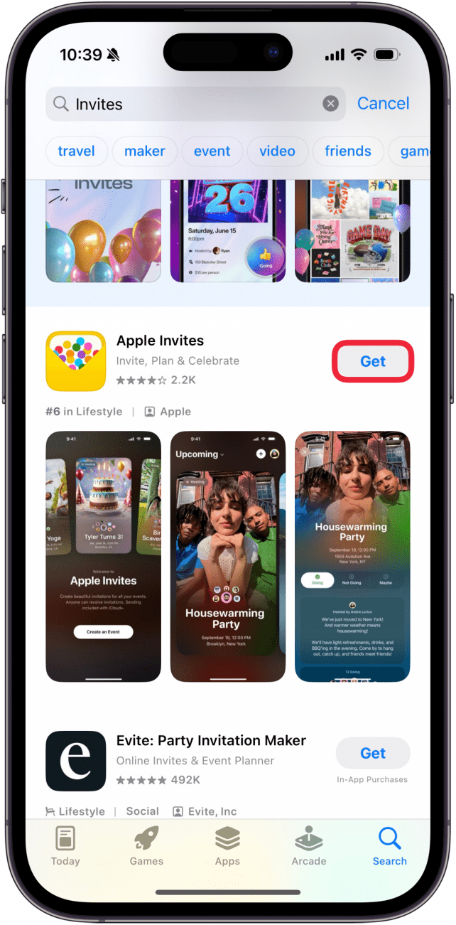 iphone app store displaying the Invites app with a red box around the "get" button