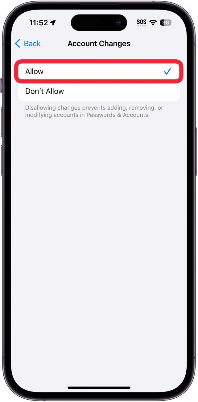 iphone content and privacy restrictions account access screen with a red box around the allow option