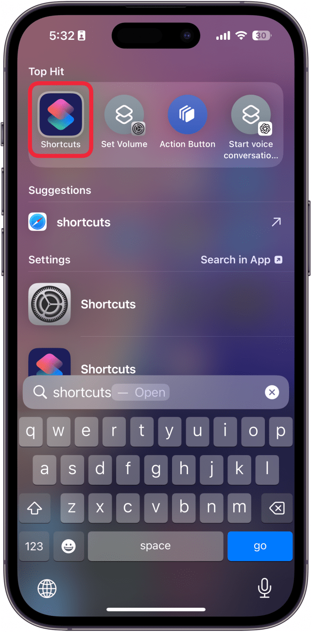 iphone search with a red box around shortcuts app