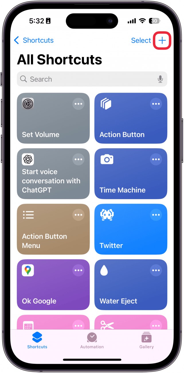 iphone shortcuts app with a red box around plus icon