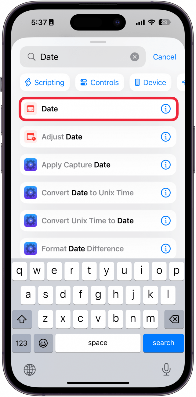 iphone create shortcut screen with a red box around date action