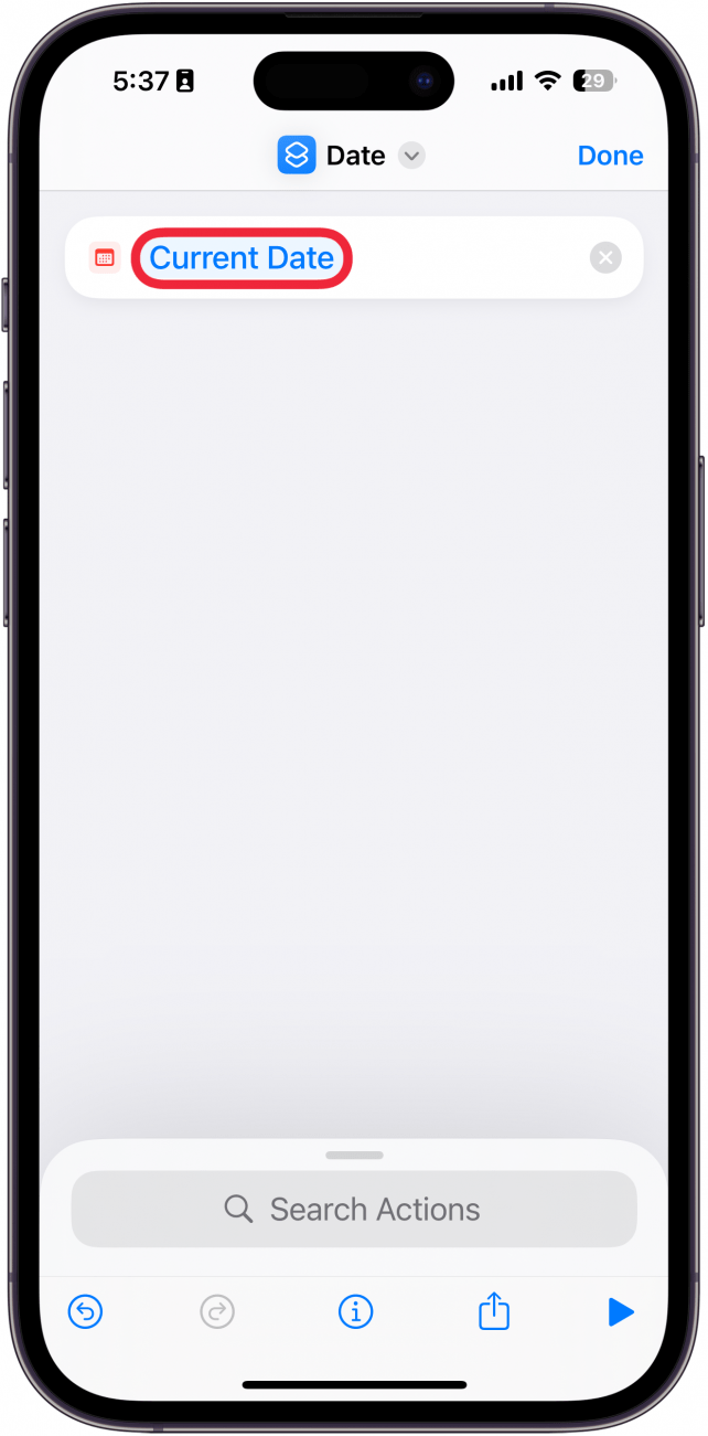 iphone create shortcut screen with a red box around current date