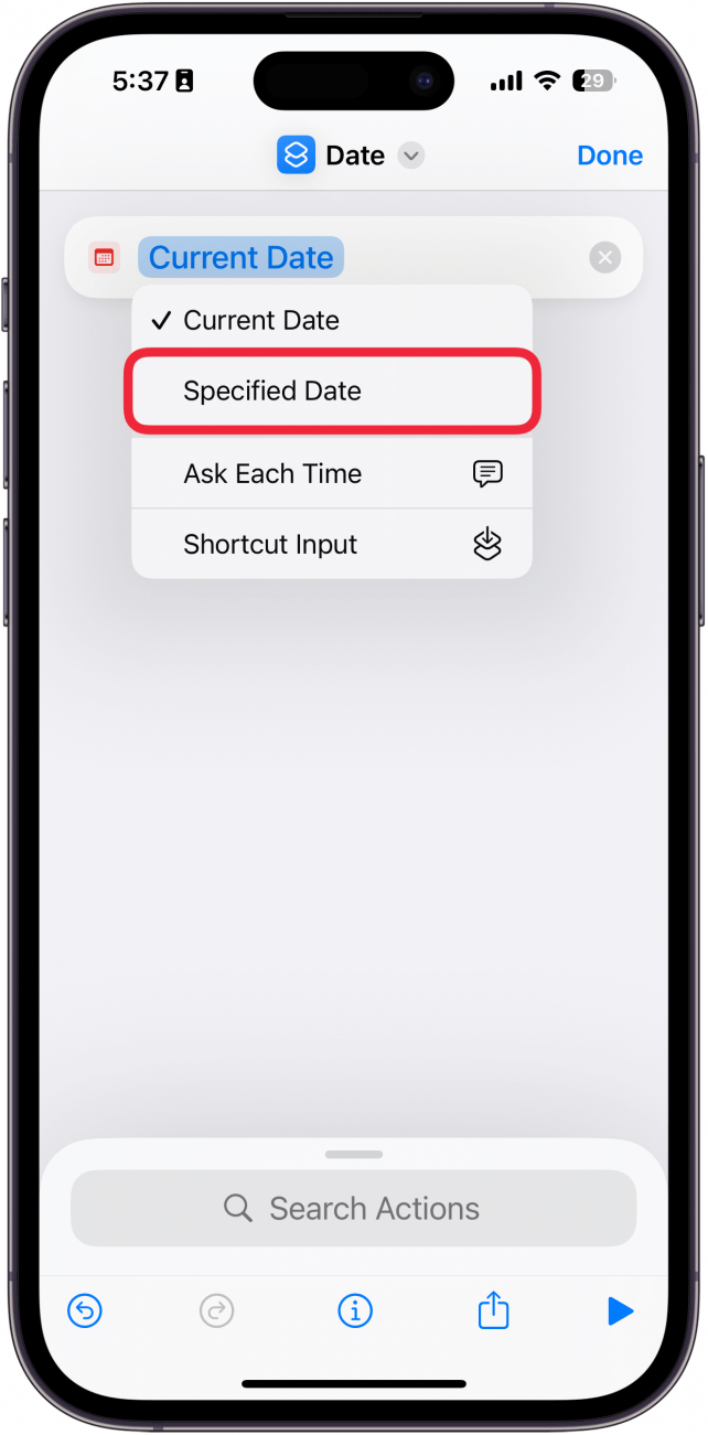 iphone create shortcut screen with a red box around specified date