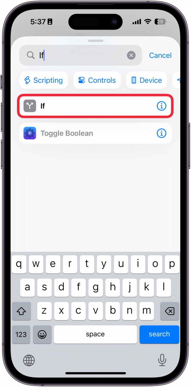 iphone create shortcut screen with a red box around if action