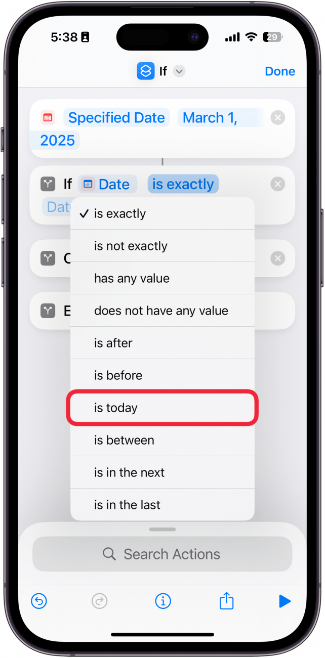iphone create shortcut screen with a red box around is today button