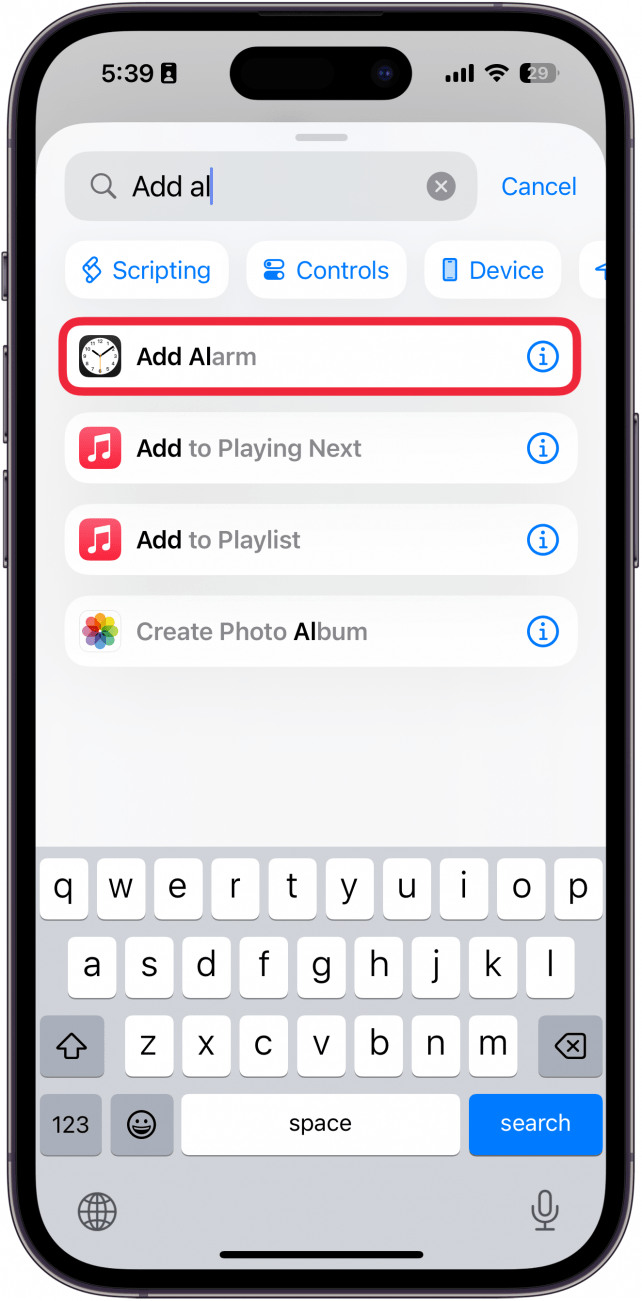 iphone create shortcut screen with a red box around add alarm action