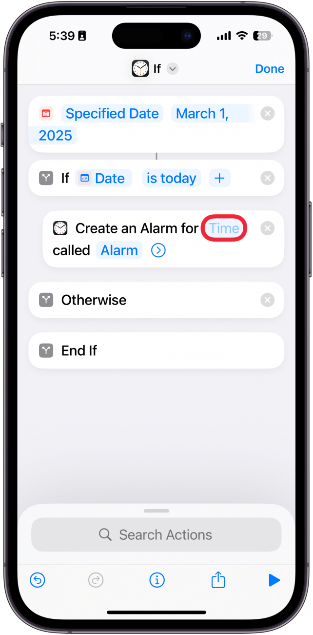 iphone create shortcut screen with a red box around time button