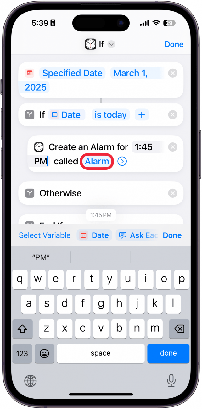 iphone create shortcut screen with a red box around alarm button