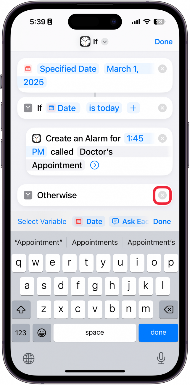 iphone create shortcut screen with a red box around x button next to otherwise action