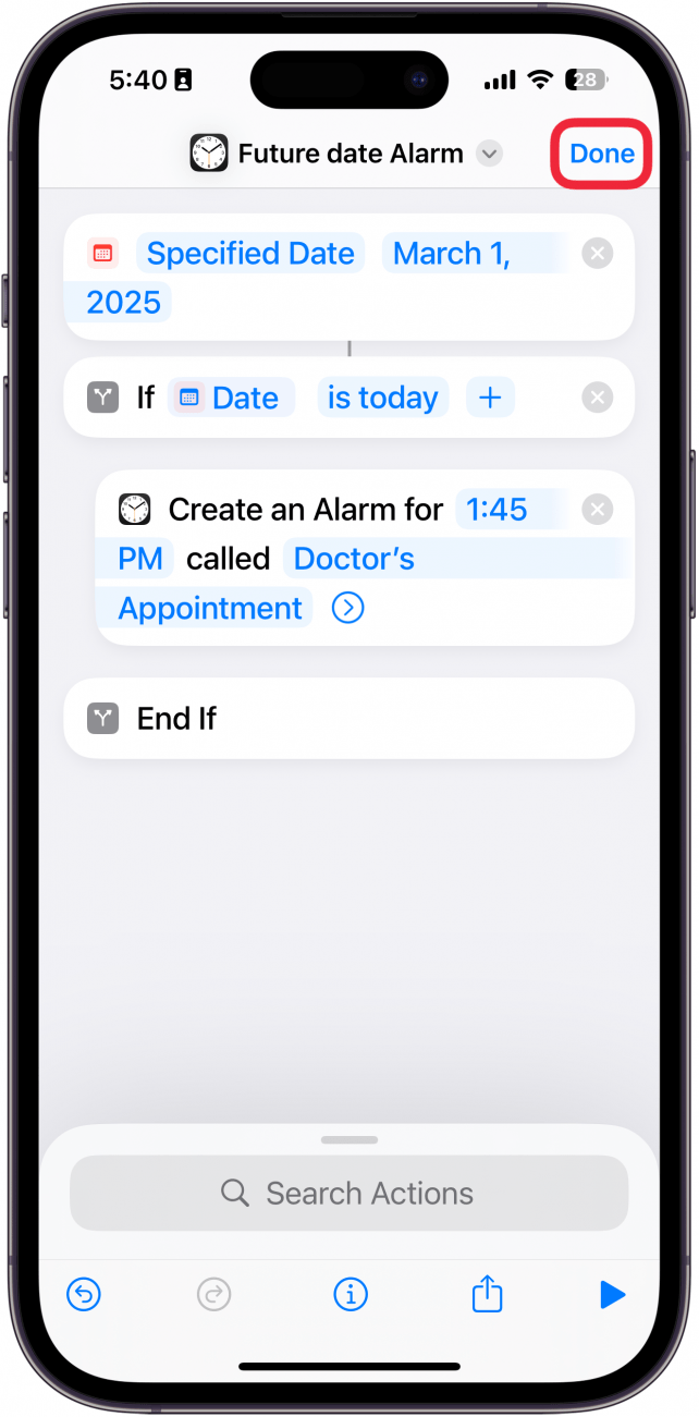 iphone create shortcut screen with a red box around done button