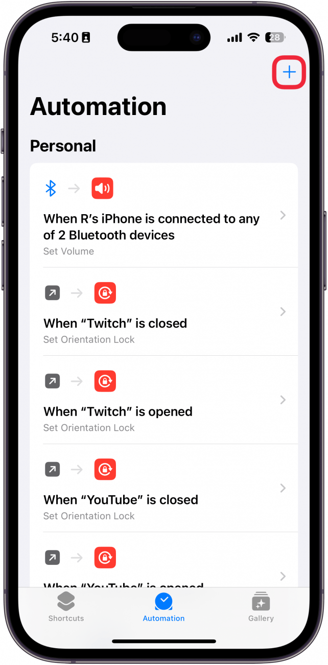 iphone shortcuts app automation tab with a red box around plus icon