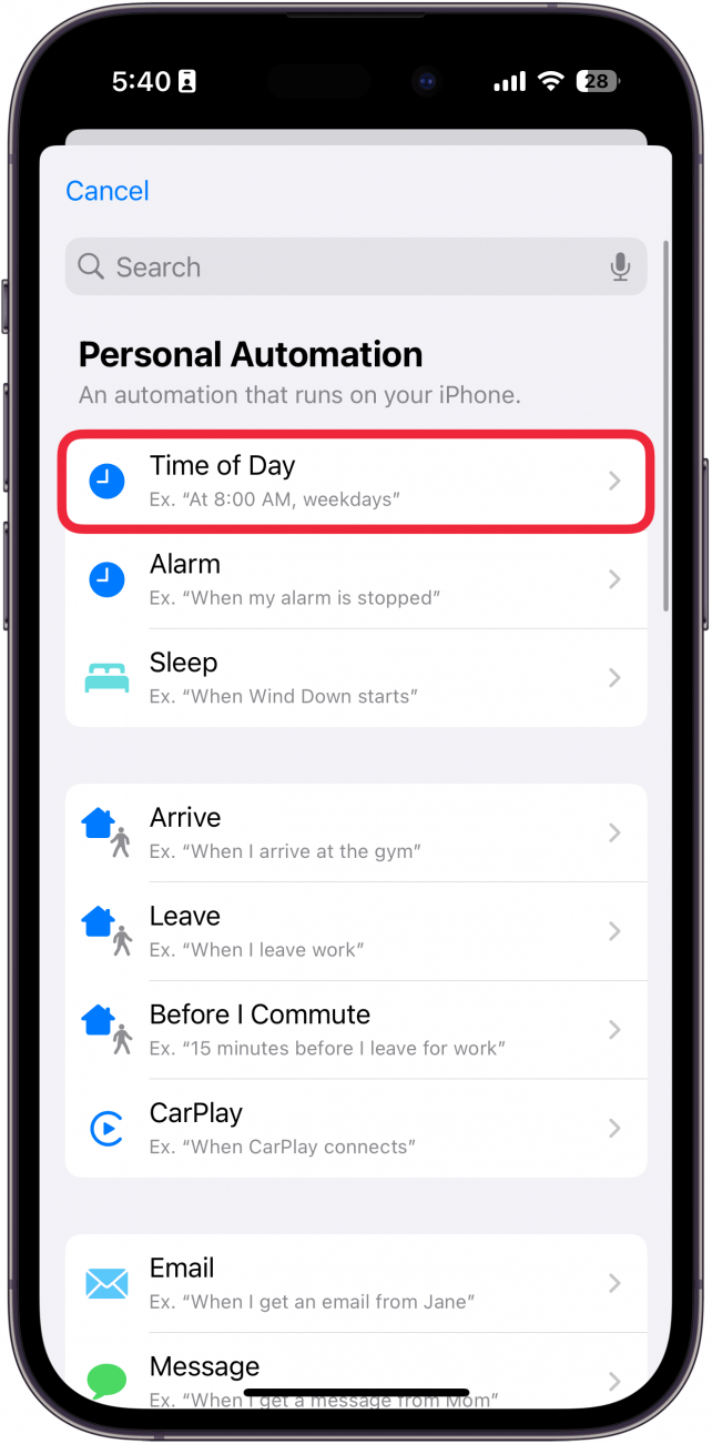 iphone shortcuts create new automation with a red box around time of day option