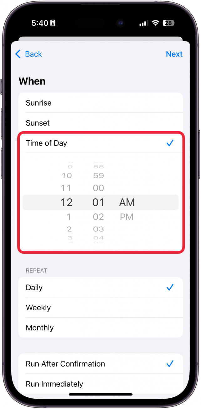 iphone shortcuts create new automation with a red box around time entry field
