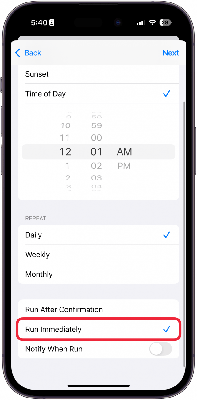 iphone shortcuts create new automation with a red box around run immediately option