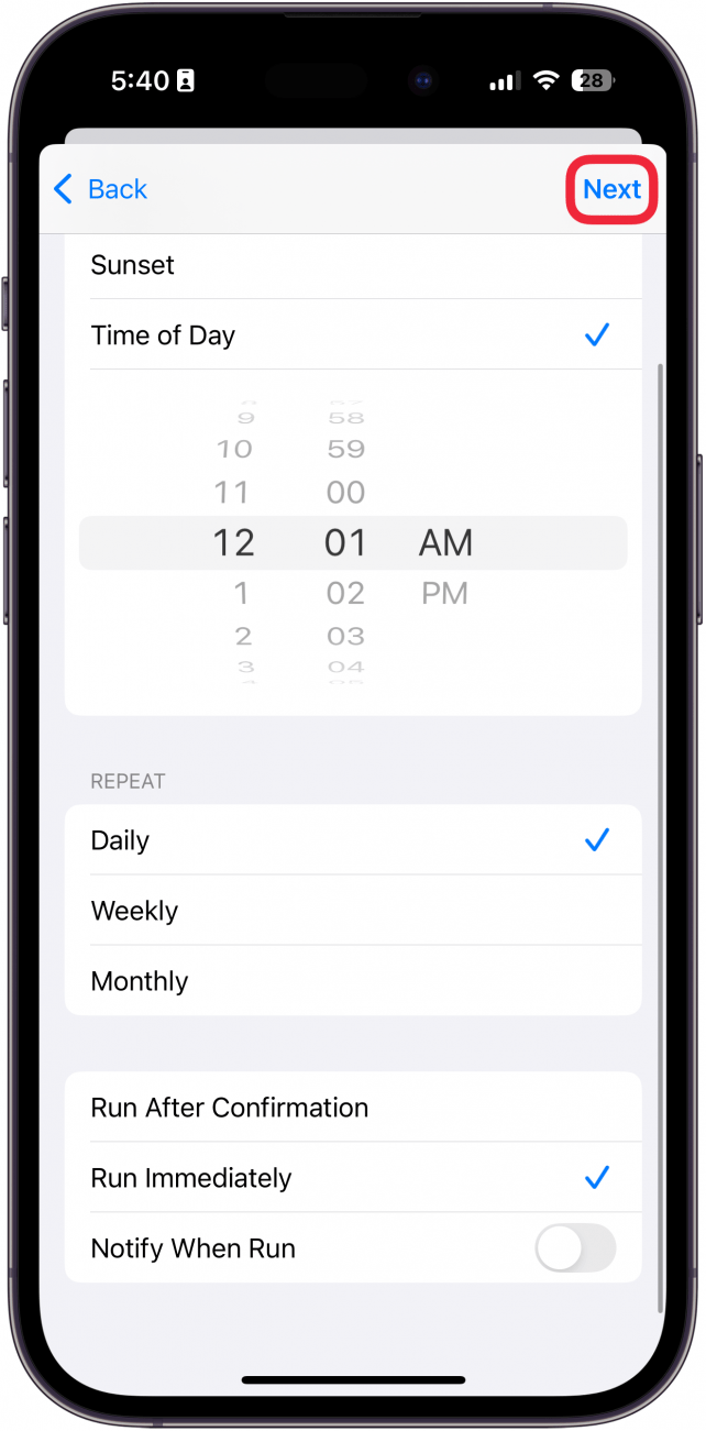 iphone shortcuts create new automation with a red box around next button