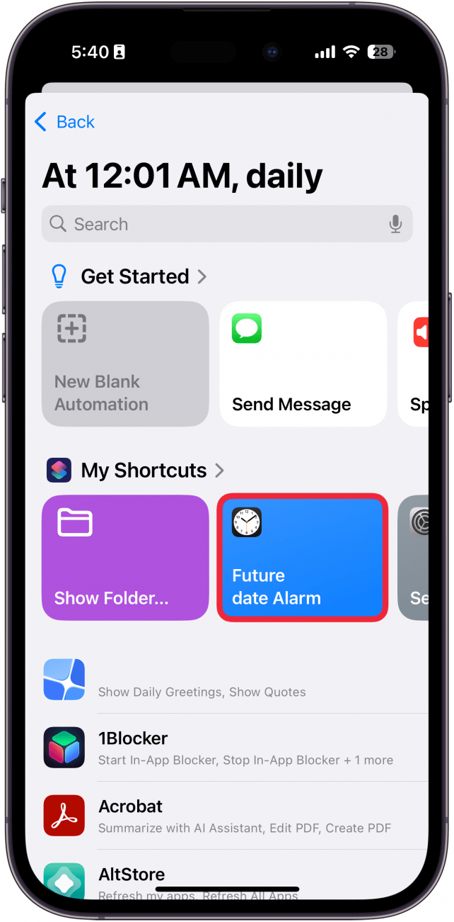 iphone shortcuts create new automation with a red box around future date alarm shortcut
